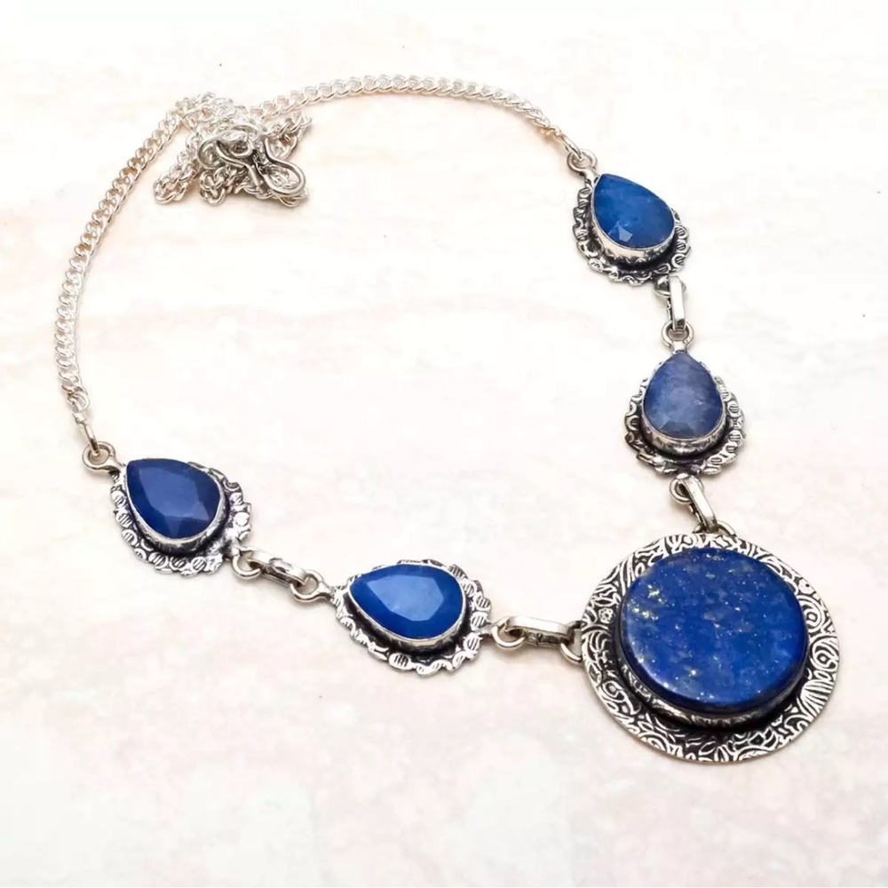 Lapis Lazuli Simulated Sapphire Gemstone Necklace Boho Handmade Jewelry 26 Gms